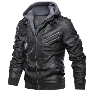 Close-up of black PU leather motorcycle jacket featuring a grey detachable knit hood