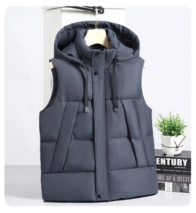 Detailed view of dark blue hooded puffer vest with quilted texture and snap button closure