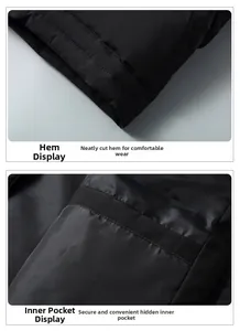 Detail view of the black puffer vest featuring a neat hemline and hidden inner pocket
