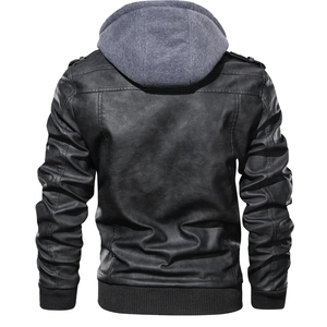 Rear view of men's leather biker jacket featuring a grey hood and ribbed hem detail