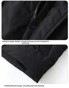 Detail of smooth metal zipper and 3D tailored hem on black winter puffer vest jacket