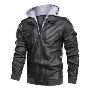 Men's black faux leather biker jacket with removable grey hood and ribbed cuffs