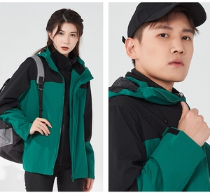 Detail of waterproof outdoor jacket with hood, zipper and adjustable Velcro cuffs