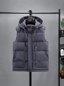 Men's dark gray hooded padded vest with windproof quilted design and large pockets