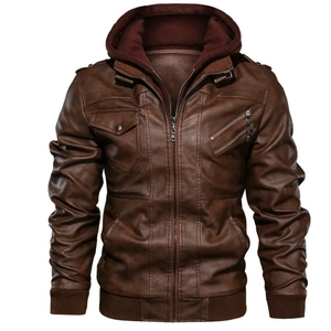 Men's Vintage PU Leather Jacket With Detachable Hood Motorcycle Faux Leather Coat Casual Windproof Outwear For Men