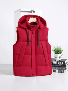 Men's deep red hooded quilted winter vest with drawstring hood and large pockets