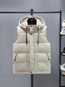 Thick light beige hooded puffer vest with wide quilting and functional cargo pockets
