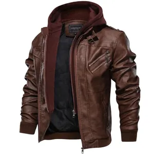 Men's retro brown faux leather biker jacket with removable hood and zipper details