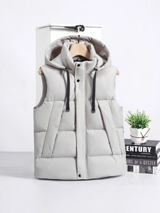 Men's hooded quilted vest in light khaki with adjustable drawstrings and large pockets