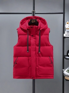 Padded red hooded winter vest for men and women featuring quilted warm insulation