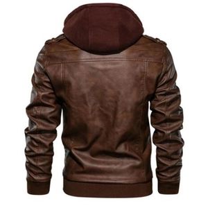 Men's vintage brown PU leather biker jacket with detachable hood and ribbed cuffs