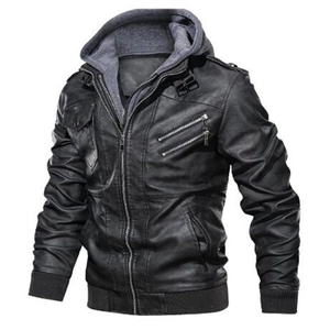 Men's vintage black PU leather motorcycle jacket with grey detachable hood and zippers