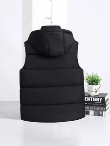 Men's black hooded padded vest with horizontal quilting shown from a rear view