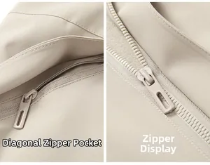 Detail view of the waterproof outdoor jacket featuring slanted zippered pockets and smooth seams