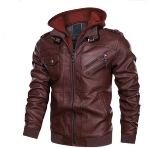 Men's vintage burgundy PU leather jacket with removable hood and multi-zip details