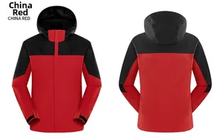 Vue avant et arrière de la veste outdoor 3-en-1 rouge et noire avec capuche réglable