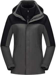 Three-in-one waterproof outdoor hiking jacket with detachable fleece liner in black and gray