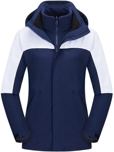 Three-in-one waterproof outdoor jacket in navy blue and white with detachable fleece lining