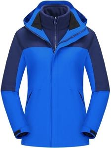 Outdoor 3-in-1 waterproof jacket with detachable fleece lining in blue color block design