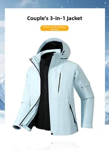 Detail of light blue 3-in-1 waterproof jacket with detachable hood and fleece lining