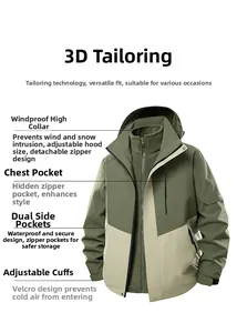 Three-in-one jacket detail with detachable fleece lining and velcro adjustable cuffs