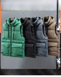 Four colors of quilted hooded cotton vests with large front pockets and drawstring detail