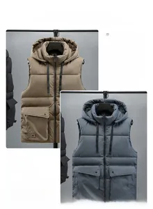 Detail view of khaki and grey-blue hooded quilted vests with windproof hood and large pockets