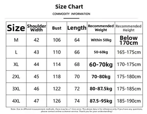 Detailed size chart for men's hooded vest with measurements for shoulder, chest, and length