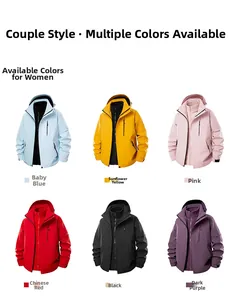 Three-in-one outdoor jackets displayed in six vibrant colors with detachable fleece lining