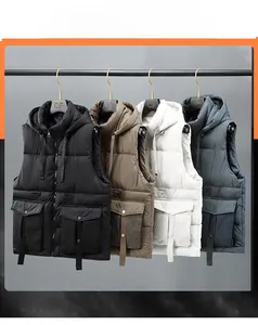Multi-color hooded puffer vests with large utility pockets and drawstring hoods