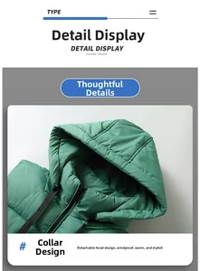 Detail of green hooded vest featuring a detachable hood and black zipper closure