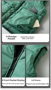 Macro shot of large utility pockets and premium zipper detail on green hooded vest