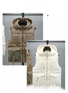Detail of hooded padded workwear vest with large flap pockets and drawstring hood