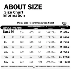 Size chart for men's 3-in-1 hiking jacket showing measurements from size M to 5XL