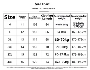 Detailed size chart for men cargo vest showing measurements for M to 4XL sizes