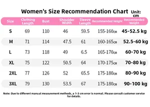 Detailed size guide for women's 3-in-1 hiking jacket with measurements and height weight table