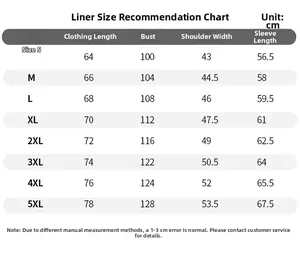 Detailed size chart for fleece jacket liner with measurements from S to 5XL in centimeters