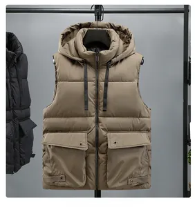 Detail of brown hooded down vest with tactical utility pockets and quilted windproof fabric