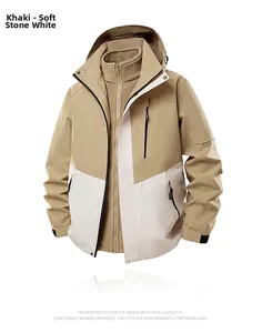 Detail of khaki and soft stone white 3-in-1 outdoor jacket with adjustable velcro cuffs
