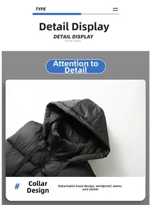 Detail of the windproof high collar and detachable drawstring hood on a black padded vest