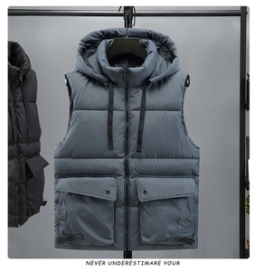 Close-up of windproof hooded cotton vest with cargo pockets and zipper detail