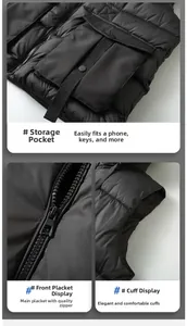 Detail view of black quilted puffer vest featuring utility pockets and metallic zippers