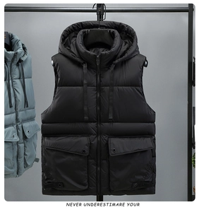 Detail view of hooded quilted puffer vest with large utility pockets and drawstring