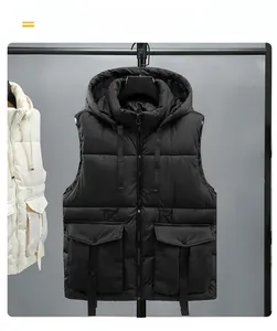 Detailed view of black hooded vest with zip-up front and large utility snap flap pockets