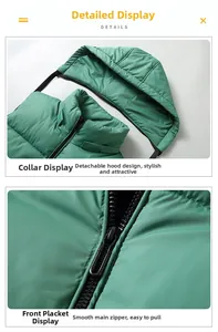 Detail of detachable hood and smooth zipper closure on green padded puffer vest