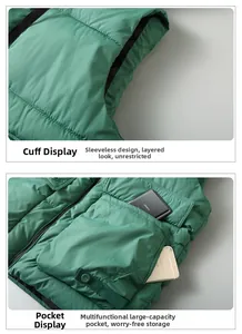 Detailed view of large cargo pockets and armhole stitching on green padded vest