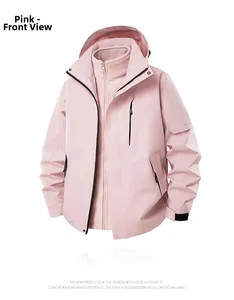 Front view of pink 3-in-1 waterproof jacket with detachable fleece lining and hood