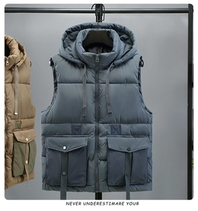 Detailed view of cargo vest with hooded drawstring and large utility flap pockets