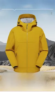 Detail of ginger yellow hooded outdoor jacket with windproof fabric and adjustable drawstrings