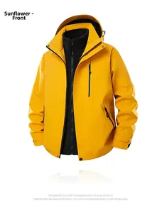 Sunflower yellow 3-in-1 outdoor jacket with detachable black fleece lining and front view